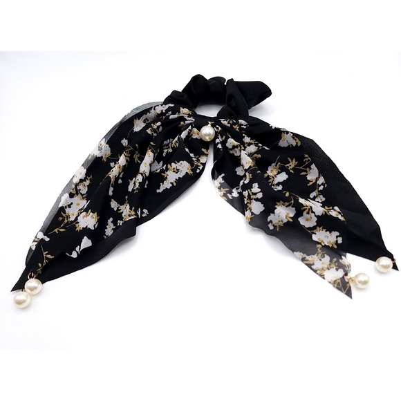 The Unbranded Brand Accessories - Black Floral Ribbon Scrunchie Faux Pearl Hair Tie Women's Boho Elegant Accessory